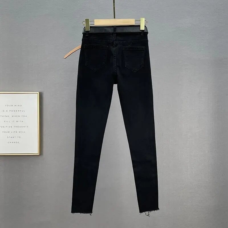 Jeans Hitam untuk Wanita Trendi 2021 Musim Gugur Musim Dingin Baru Pinggang Tinggi Pelangsing Berlian Imitasi Celana Pensil Jalan Peregangan Celana Ketat
