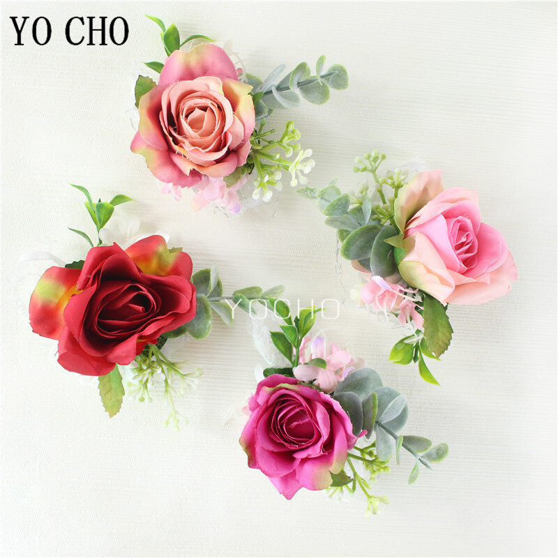 YO CHO White Silk Roses Corsages Boutonnieres Wedding Decoration Marriage Rose Wrist Corsage Pin Boutonniere Flowers for Guests
