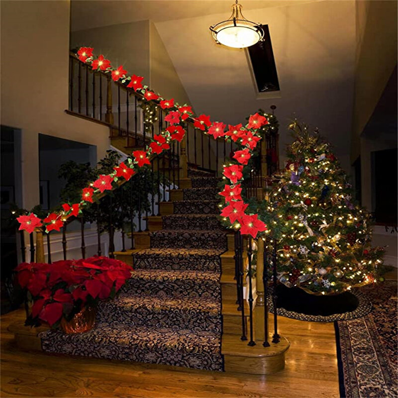 3/2M LED String Light ตกแต่งคริสต์มาส Poinsettia ดอกไม้ตกแต่งเครื่องประดับ Xmas Tree เทศกาล Party ตกแต่งบ้าน