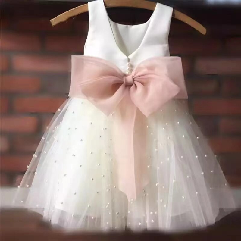 Perły dla dzieci Tulle Girl suknie na konkurs piękności skrzydła dziewczęca sukienka w kwiaty szyfonowa kokardka pierwsza sukienka komunijna mała sukienka księżniczki