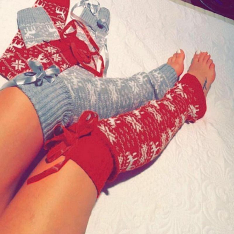 Women Girl Christmas Crochet Knit Long Leg Warmers Reindeer Snowflake Jacquard Over Knee Thigh High Cover Boot Socks with Ribbon