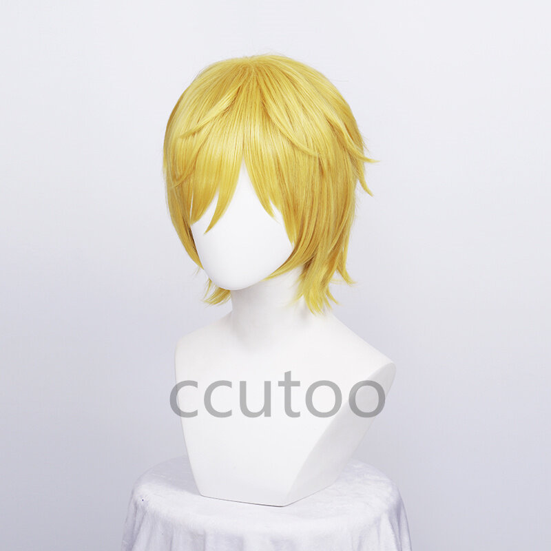Peluca de Anime de una pieza para Cosplay, pelo sintético corto y liso, dorado, resistente al calor, incluye gorro