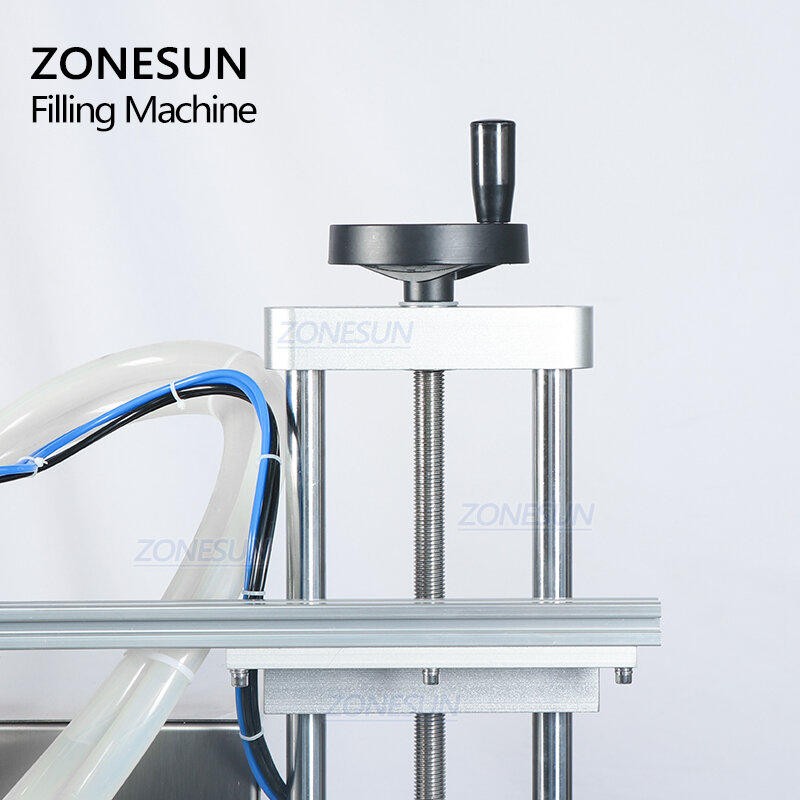 ZONESUN 데스크탑 자동 액체 충전 기계, 젤 주스 샴푸, 더블 헤드 음료 병 필러, 체인 컨베이어 포함