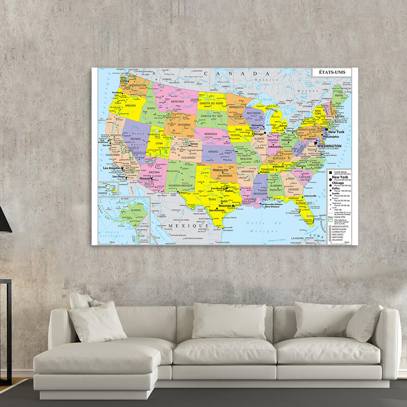 Póster de pared con mapa de América, cuadro de lienzo no tejido, material escolar, decoración del hogar en francés, mapa política de los Estados Unidos, 150x100cm