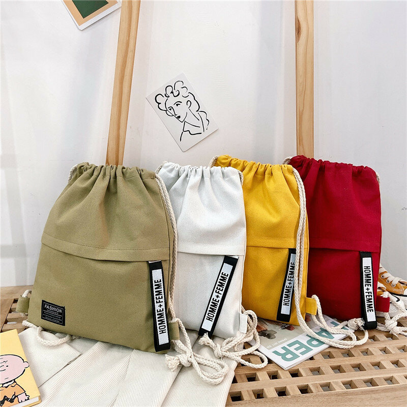 2022 New Women Casual Canvas Drawstring Backpack Men Solid Color Letter Pattern Bag Drawing Straps Closure Fashion Outdoor Bag