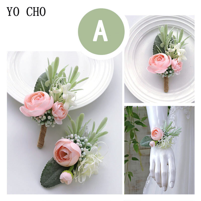 YO CHO Wedding Flower Wrist Corsage Bracelet Men Boutonniere Bridesmaid Wrist Corsages Girl Bracelet Pink Artificial Silk Rose