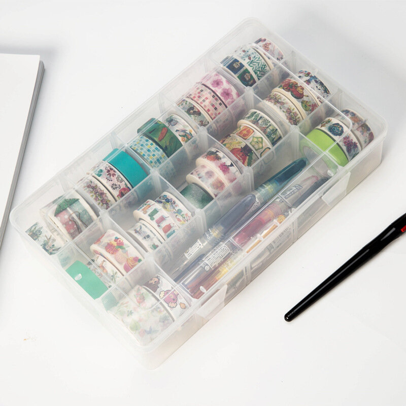 Clear Crafts Organizer Storage Box, 15 Compartments, Washi Tape, Art Supplies, Sticker Stationery