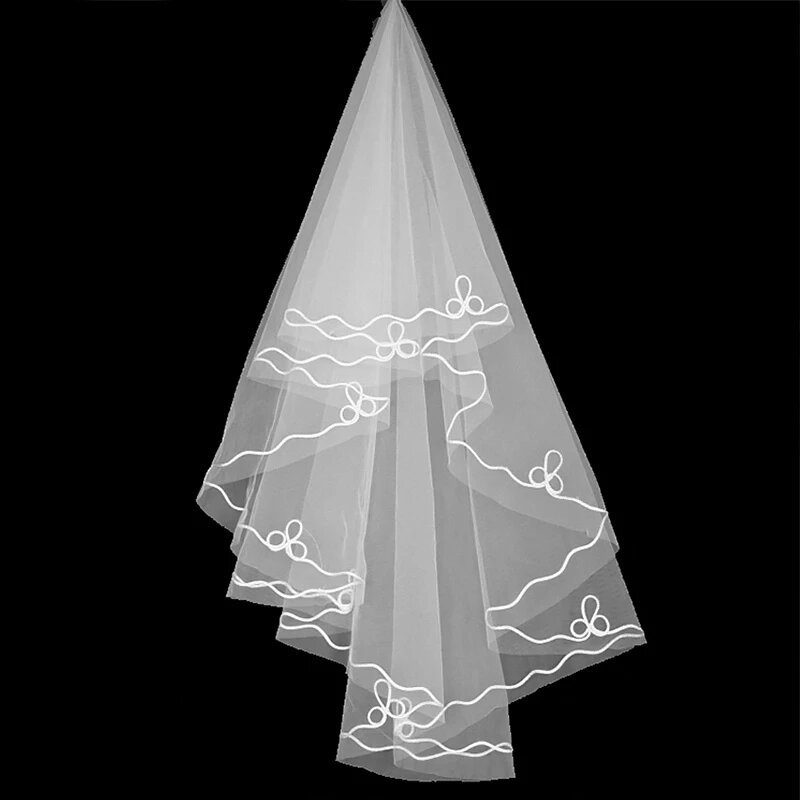 حجاب زفاف مموج مزين بتشذيب مرقع للنساء ، طبقة واحدة ، قصير ، شفاف ، شبكي ، تول ، أبيض ، أحمر ، لون خالص ، زفاف