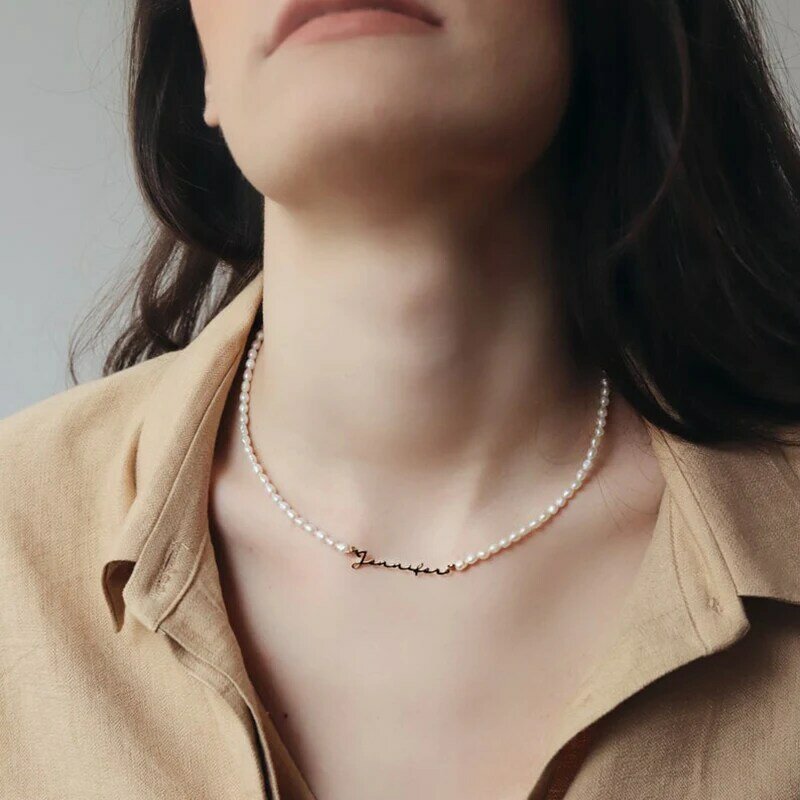 Collier de perles naturelles rétro français classique pour femmes, ras du cou court avec nom personnalisable, bijoux fait à la main, à la mode