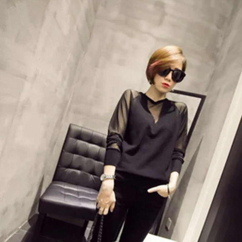 Women Sexy Blouse Knitted Mesh Patchwork Tops Shirts Women Spring Pullovers Knitted Slim Black