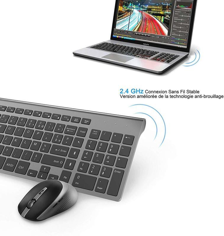 Bezprzewodowa mysz z klawiaturą, francuski układ, ergonomiczny, cichy przenośny, stabilne połączenie 2.4 gigahertz, biuro, dom, francja czarny