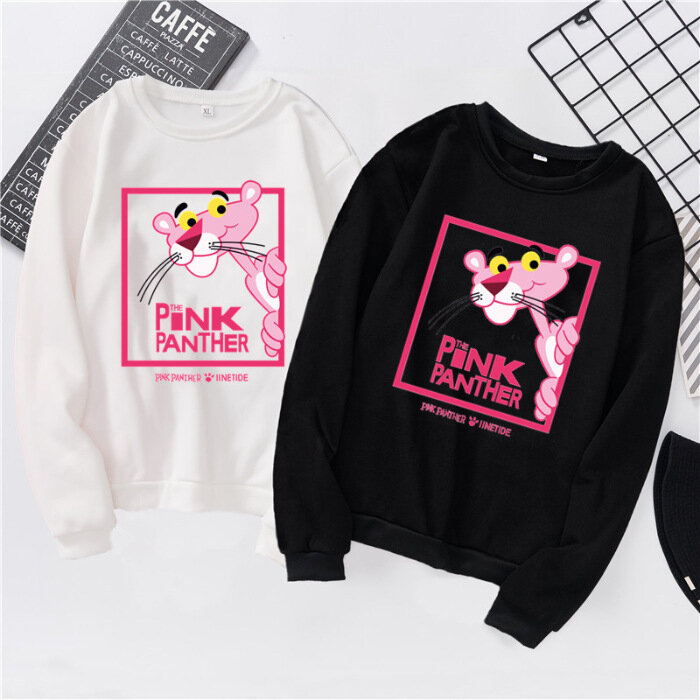 Qrxiaer animal leopardo dos desenhos animados rosa pantera casal camisa feminina moletom com capuz outono streetwear manga longa casaco de inverno feminino
