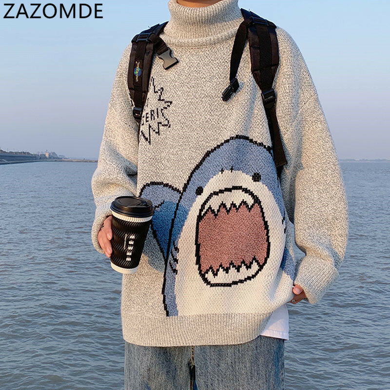 ZAZOMDE-suéter de cuello alto para hombre, jersey de tiburón, estilo Harajuku coreano, talla grande, gris, invierno, 2023