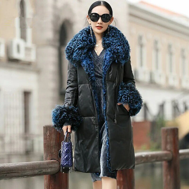 Ayunsua jaqueta feminina de couro legítimo gola de pele de carneiro, casaco longo feminino com parka quente veste feminino