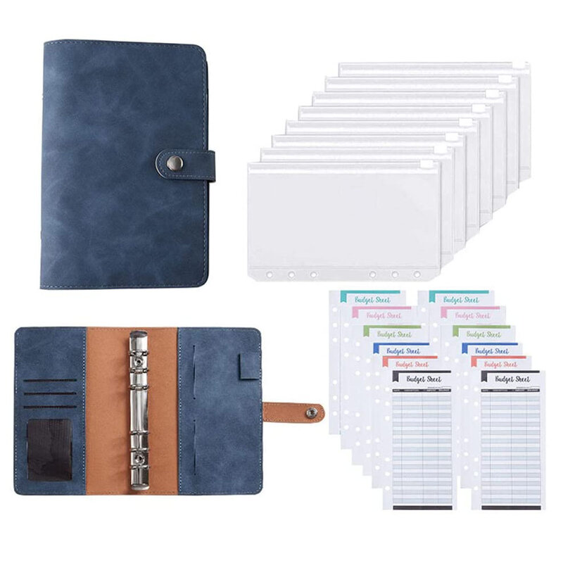 A6 PU Leather Budget Binder Cash Envelopes Organizer System with 8 Pcs Zipper Envelopes and 12 Budget Sheets, for Saving Money
