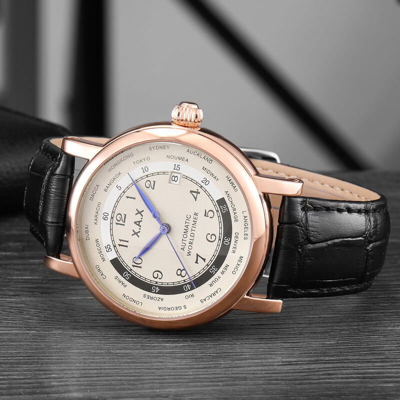 ワールドタイマー-男性用パイロット腕時計,ステンレス鋼,機械式腕時計,時間の回転,巨大なサイズ,自動時間