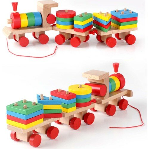 Mainan Kayu Tiga Bentuk Kereta Kecil/Bayi Mainan Kayu Kereta Geometris Pendidikan