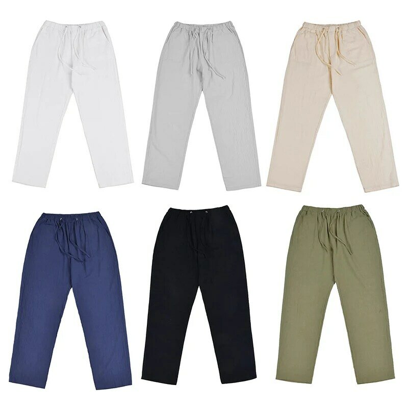 Pantalones de lino para hombre, pantalones elásticos, sueltos, informales, básicos, transpirables, absorbentes del sudor