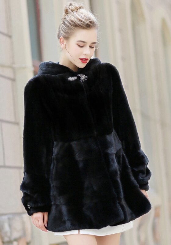 Abrigo de piel de visón auténtica para mujer, chaqueta con capucha de invierno, talla grande 4XL, 5XL, VF7078