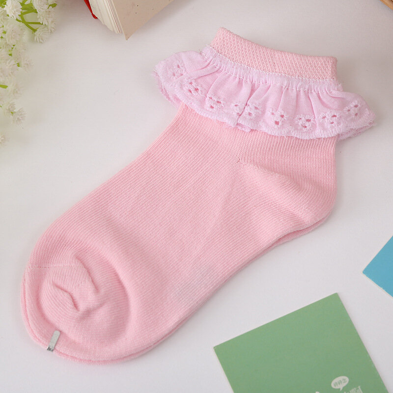 Calcetines antideslizantes con encaje para niña y bebé, medias cortas de malla transpirable, de algodón, color blanco y rosa, para otoño de 1 a 11 años, 3 pares