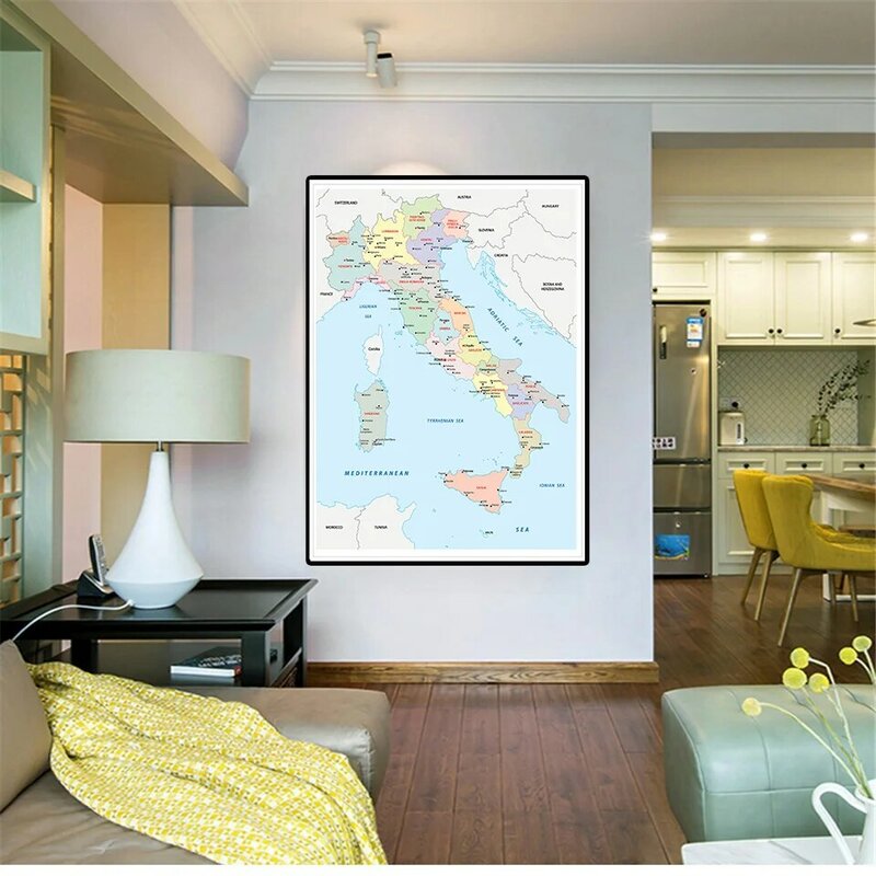 Póster Artístico de lienzo para decoración del hogar, póster artístico de pared de estilo italiano con mapa politico de Italia, tamaño de 60x90cm