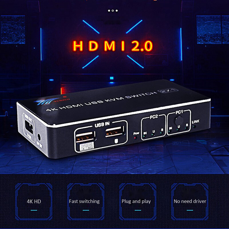 2 Port HDMI USB KVM 4K Switcher Splitter 4K @ 60Hz RGB/YUV 4:4:4 HDR HDMI 2,0 Switcher 2X1for Sharing Drucker Tastatur Maus
