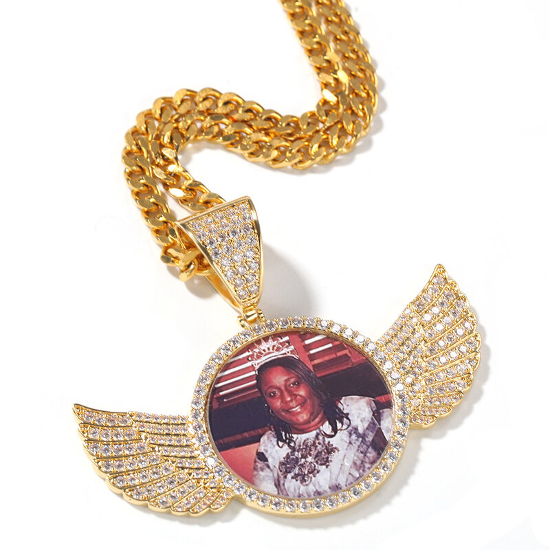 TBTK pamiętaj prezent cyrkonia niestandardowe zdjęcie wisiorek naszyjnik grawerowane nazwa Iced Out okrągły Hiphop biżuteria Angel Wings Soild powrót