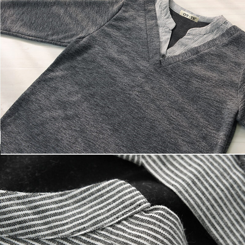 Blusa feminina de manga comprida gola v solta, duas camisas falsas, roupas de primavera, plus size, 2021