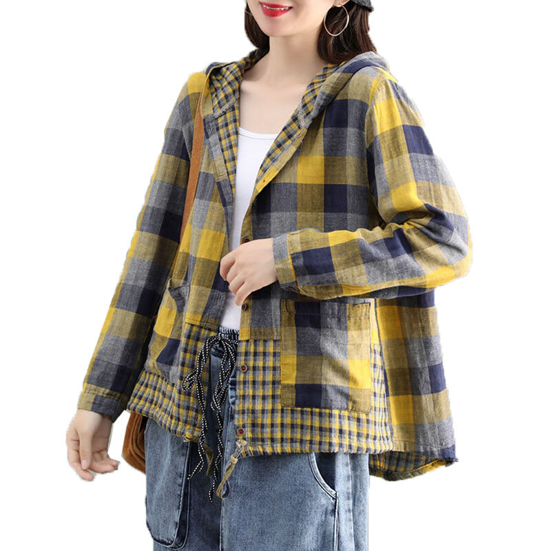 용수철 여성용 캐주얼 셔츠, 루즈 후드 셔츠, 싱글 브레스트 탑 카디건, 격자 무늬 블라우스, 재킷 패션, 가을, 2024 신상