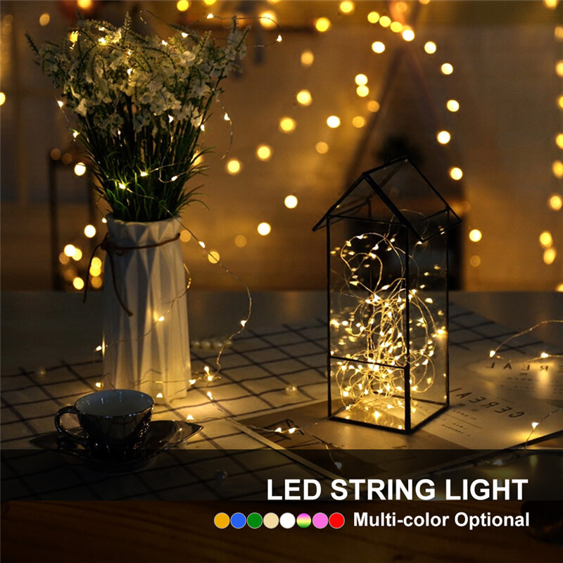 Guirnalda de luces LED de alambre de plata, 2M, 20 LED, decoración para Navidad, boda, Fiesta en casa, alimentada por batería CR2032