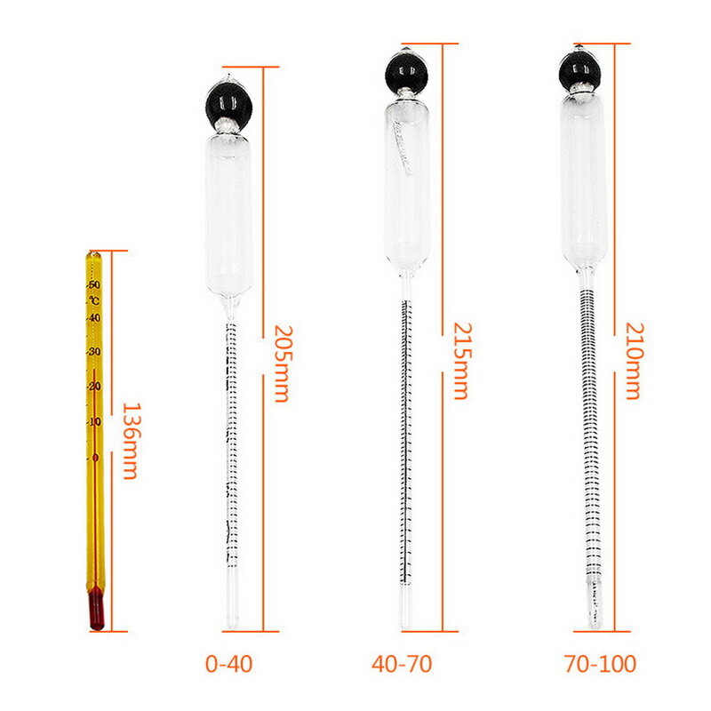 4 PCS Hydrometer Alcoholmeter Set 0 to 100% Alcohol Meter Tester+Thermometer Wine Meter Vintage Alcohol Concentration Meter Tool