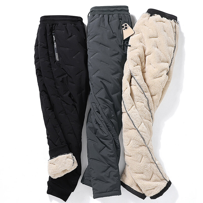 Winter Zip Pockets Thicken Fleece Sweatpants Men Joggers Black Grey Down Cotton Warm Pants Male Water Proof Thermal Trousers 7XL