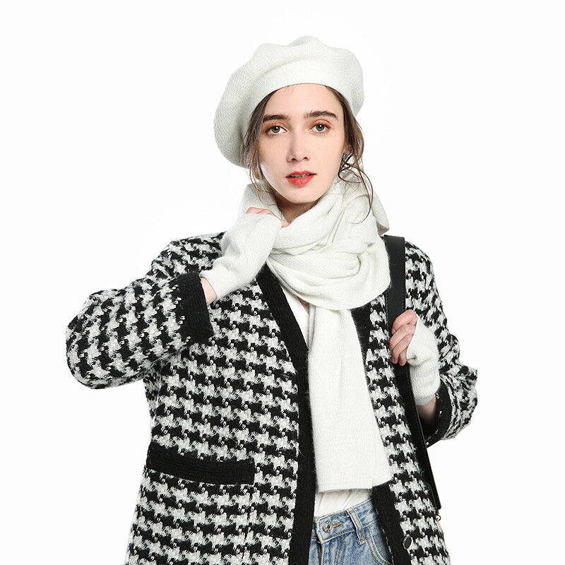 Uspp novo inverno cor sólida 3 peças conjuntos de cachecol de caxemira chapéu luvas para mulher