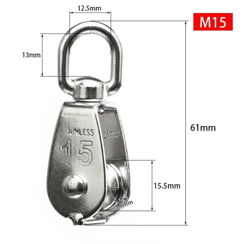 2PCS 304 Stainless Steel Single Pulley Block M15 Wire Rope Crane Pulley Block Hanging Wire Towing Wheel with Spring Snap Hook
