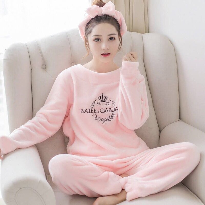 Pajamas women winter flannel  long-sleeved thickening plus velvet coral fleece cute autumn and winter home service suit women