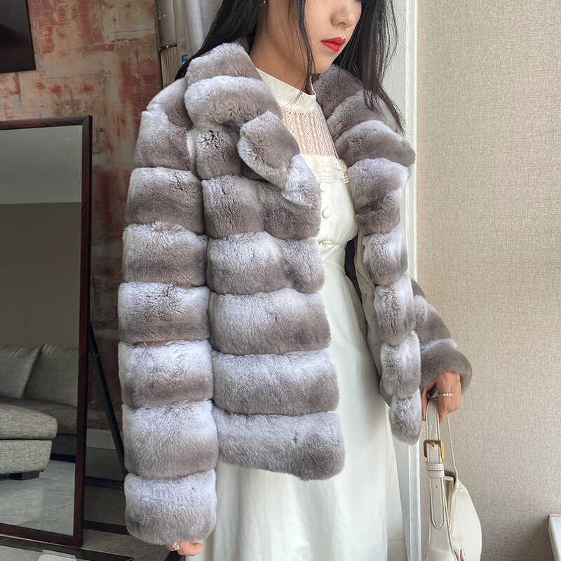 Abrigo de piel Natural para mujer, chaqueta de piel de conejo Rex, abrigo de Color Chinchilla, personalizado, talla grande, superventas