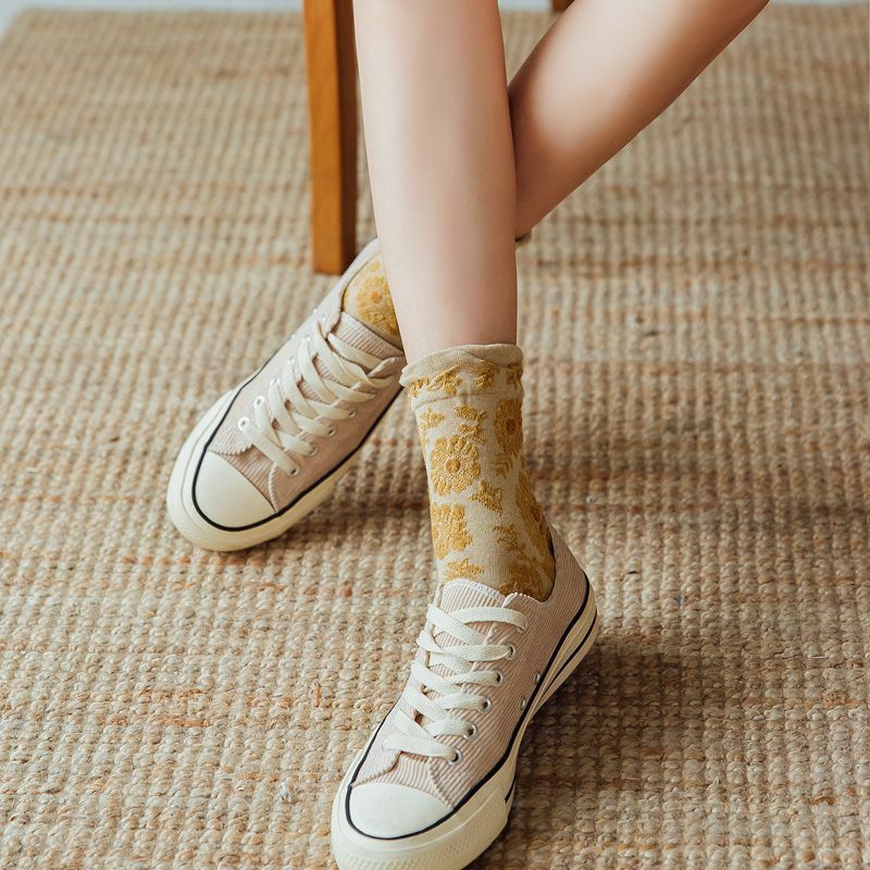 Flor do vintage mulheres meias de algodão japonês estilo universitário bonito mulheres meias inverno outono arte casual meninas meias chaussette femme