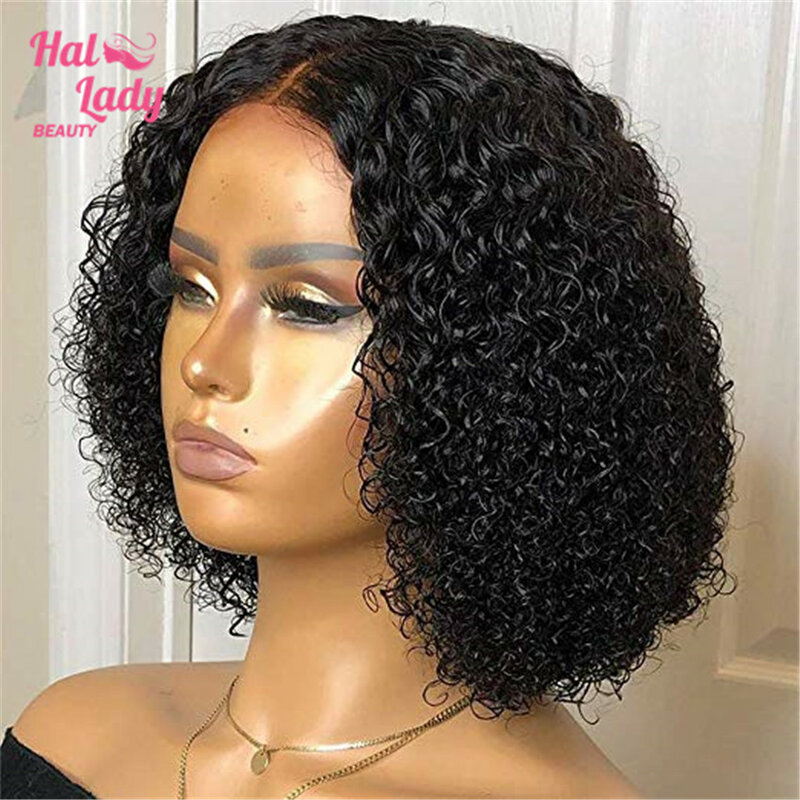 Halo Lady Beauty 13*4 Deep Curly Bob Wig Preplucked Brazilian Lace Front Human Hair Wigs For African American Women Remy 150% 1B