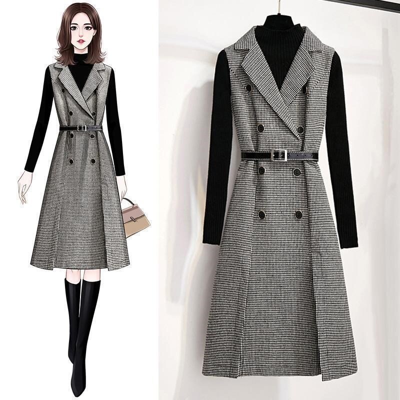Women Houndstooth Tweed Notched Plaid Dress Two Piece Set Winter Knitted Sweater And Double-Breasted Vest Party Midi Dress Suit