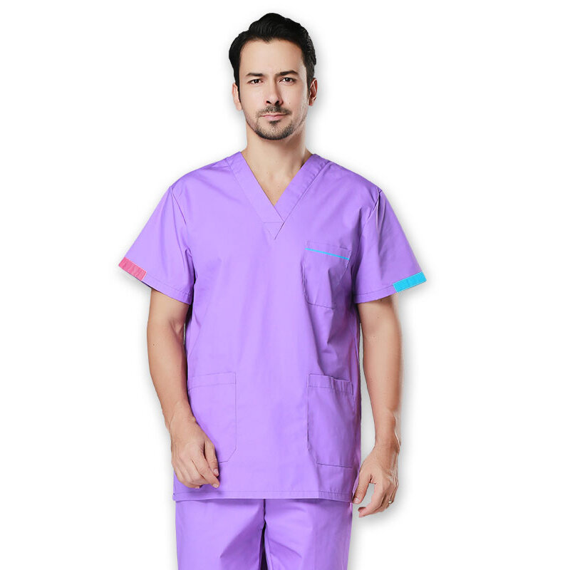 Men's Scrubs Top Color Blocking Design V-neck Short Sleeve Top Pure Cotton Medical Uniforms Summer Doctor Workwear(Just A Top)