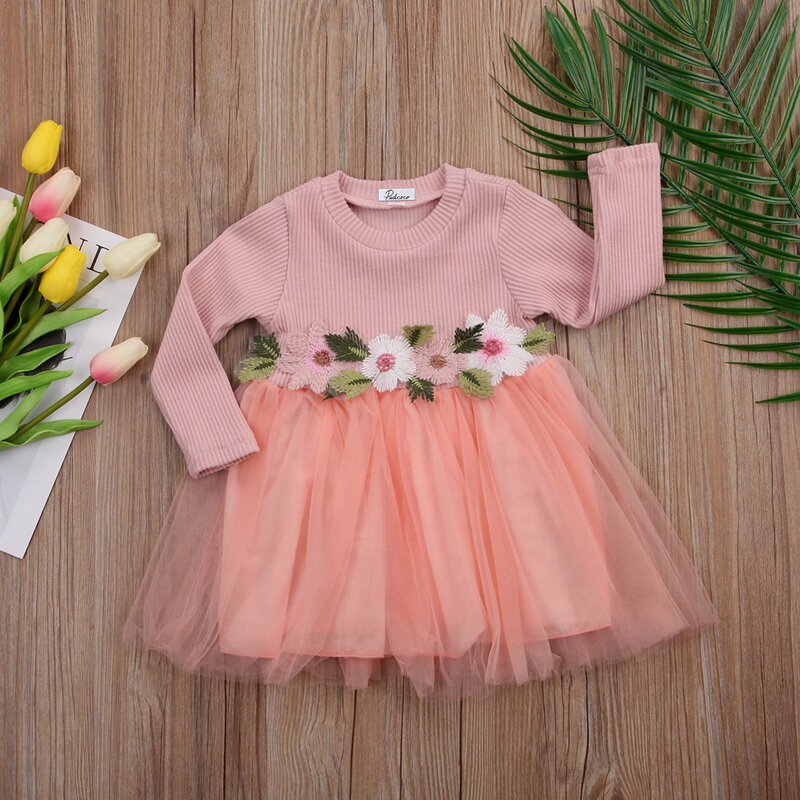 Cute Pretty Toddler Baby Girls Dress Flower abito a maniche lunghe in pizzo Princess Party Prom Tulle Dresses