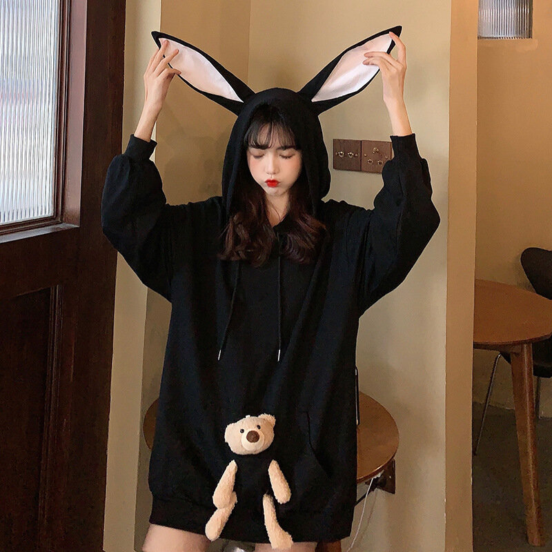 Zimowa, jesienna 2023 Bunny Ears Cute Bear bluzy luźne średniej długości Oversize z długim rękawem bawełna bluza z kapturem Harajuku kobiety Jumper