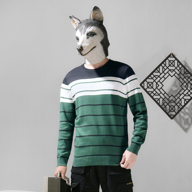 A685 Winter Men Knitted Sweater Casual Regular-Fit Basic Classic Striped Home Gentlemen o-Neck All-Match Comfortable Pullover