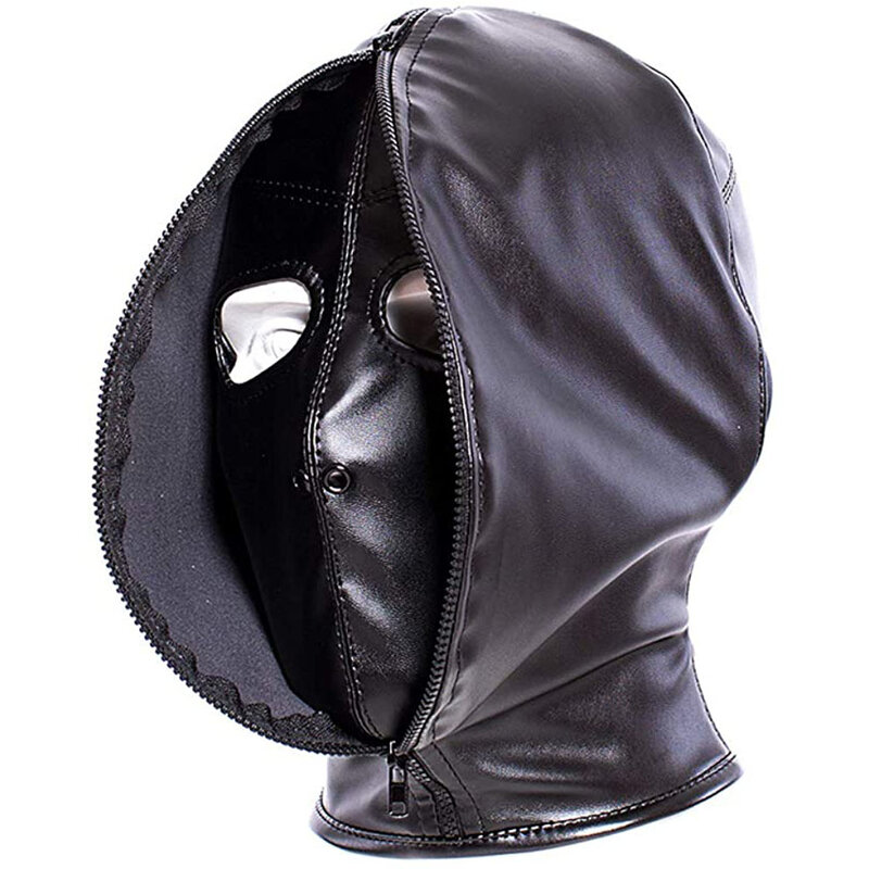 Leather Hood Eye Mask, Black Mysterious Cosplay Lace Up Mask Full Face Headgear,Terror Masquerade Party Dance Performance