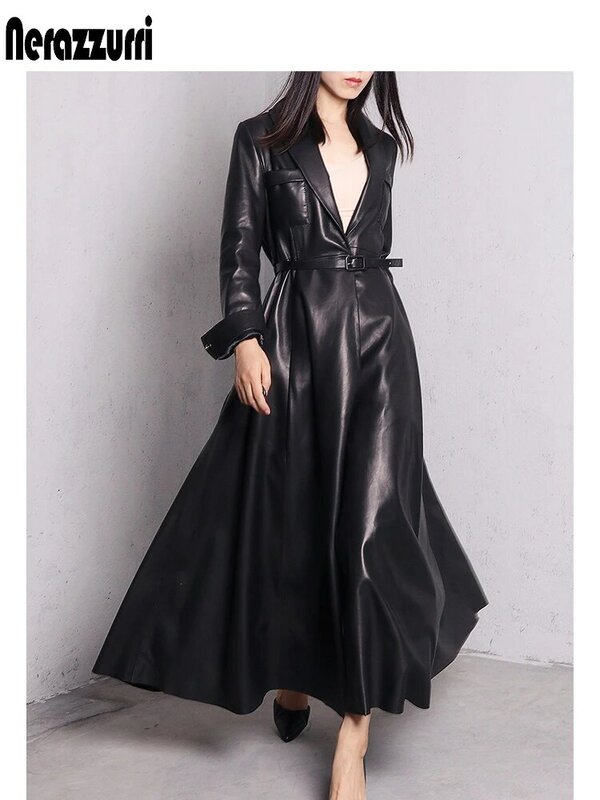 Mantel Hujan Kulit Pu Maxi Merah Hitam Kualitas Tinggi Nerazzurri untuk Wanita Mantel Panjang Ekstra Rok Elegan Mode 5xl 6xl 7xl