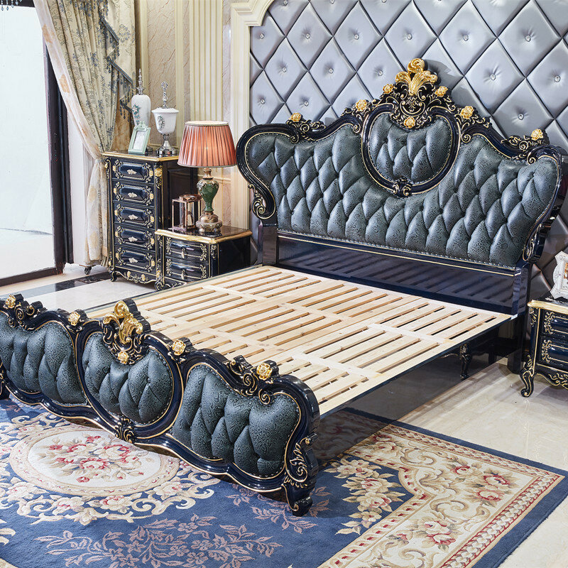 Grand lit double en cuir de style européen, 2 mètres, villa de luxe, bois massif sculpté, chambre à coucher, art, lit de mariage