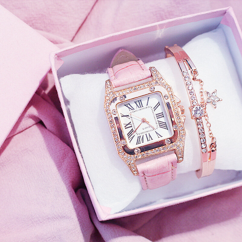 Ensemble de montre-bracelet à quartz avec bracelet en cuir pour femme, diamant, cadran carré étoilé, horloge féminine, dames