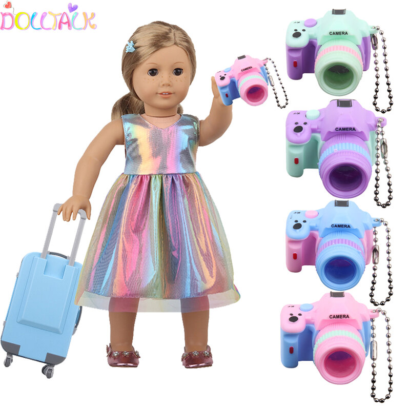 Modne akcesoria dla lalek ubrania Trave PU walizki na 18 ''amerykańskie zabawki na prezent dla dziewczynki Mini aparat fotograficzny, 43 cm Reborn Dolls