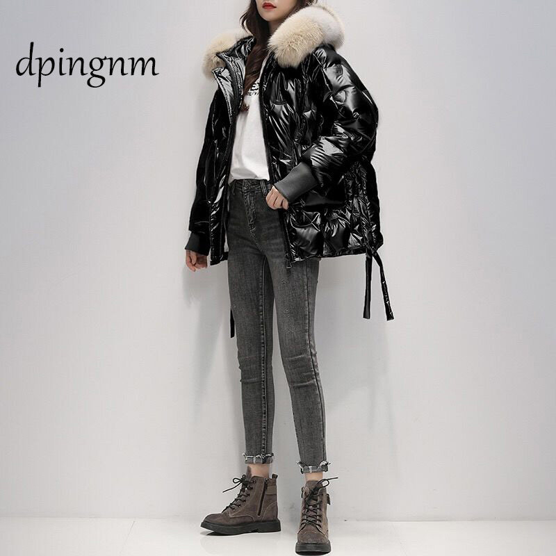 Chaqueta de plumón de pato blanco para mujer, abrigo holgado pequeño de longitud media, estilo coreano, con cuello de piel real, 90