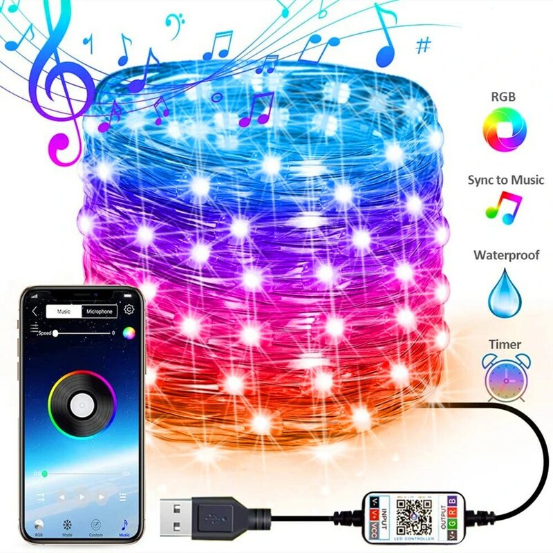 App Remote Control 2M 20LEDs Smart String Light USB Bluetooth Silver Copper Wire Fairy Lamp Home Bedroom Party Christmas Decor